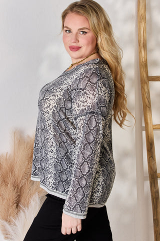 Hailey & Co Full Size Snakeskin V-Neck Long Sleeve Top Trendsi