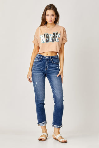 Risen Full Size High-Rise Frayed Cuffed Straight Jeans Trendsi