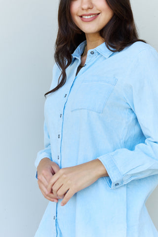 Doublju Blue Jean Baby Denim Button Down Shirt Top in Light Blue Trendsi