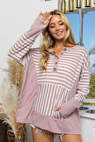 BiBi Striped Thumbhole Long Sleeve Top Trendsi