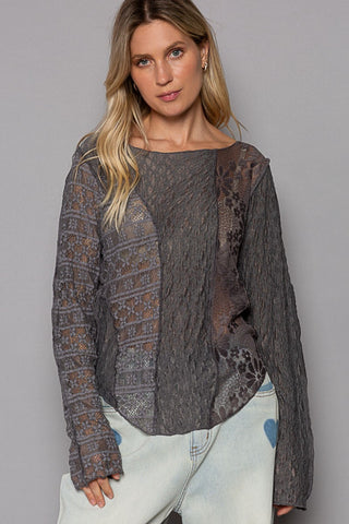 POL Exposed Seam Long Sleeve Lace Knit Top Trendsi