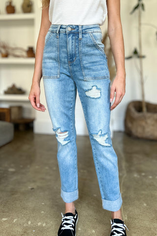 Judy Blue Full Size Distressed Straight Jeans with Patch Pockets Trendsi