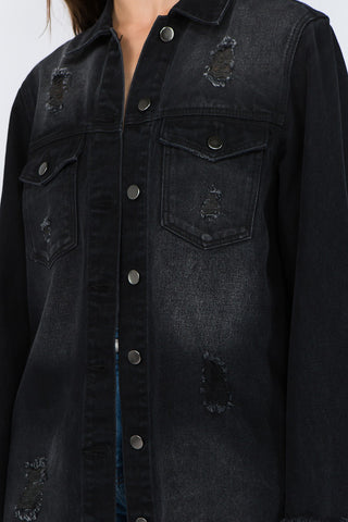 American Bazi Distressed Frayed Hem Denim Jacket Trendsi