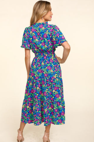 Haptics Printed Notched Short Sleeve Dress with Pockets Trendsi