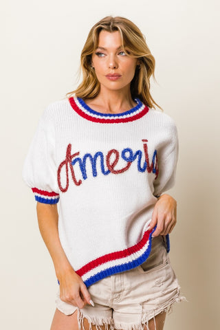 BiBi Metallic America Letter Short Sleeve Sweater Trendsi