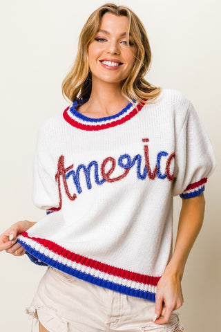 BiBi Metallic America Letter Short Sleeve Sweater Trendsi