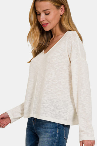 Zenana V-Neck Dropped Shoulder Long Sleeve T-Shirt Trendsi