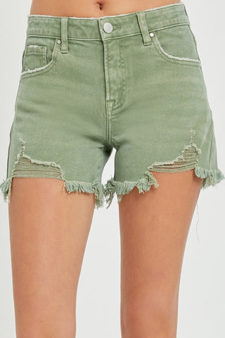 RISEN Mid Waist Frayed Hem Denim Shorts Trendsi