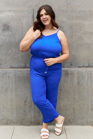 ODDI Full Size Textured Woven Jumpsuit in Royal Blue Trendsi