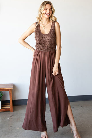 First Love Tie Back Sleeveless Slit Wide Leg Jumpsuit Trendsi