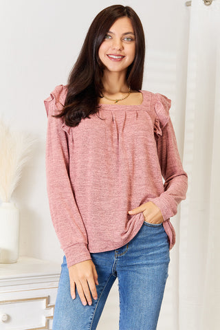 Double Take Square Neck Ruffle Shoulder Long Sleeve T-Shirt Trendsi