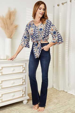 Tie Hem V-Neck Three-Quarter Sleeve Blouse Trendsi