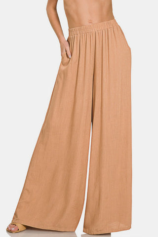 Zenana Pleated Linen Blend Wide Leg Pants Trendsi