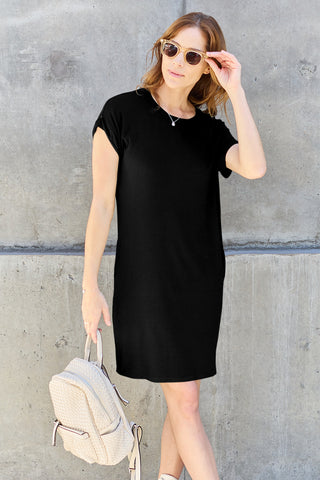 Basic Bae Bamboo Full Size Round Neck Short Sleeve Dress with Pockets Trendsi