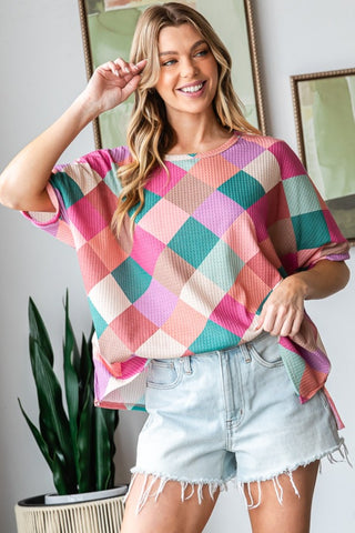 HOPELY Full Size Multi Colored Argyle Side Slit T-Shirt Trendsi