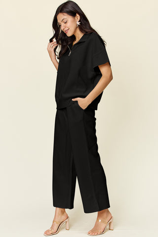 Double Take Full Size Texture Half Zip Short Sleeve Top and Pants Set Trendsi