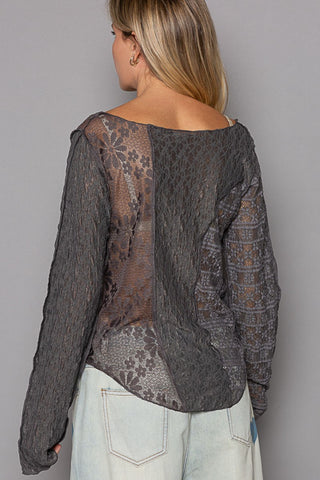 POL Exposed Seam Long Sleeve Lace Knit Top Trendsi