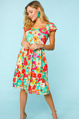 Haptics Floral Square Neck Short Sleeve Dress Trendsi