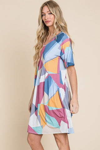 BOMBOM Ruched Color Block Short Sleeve Dress Trendsi