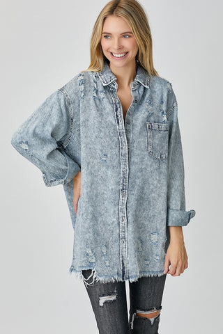 RISEN Distressed Raw Hem Denim Shirt Trendsi