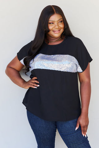 Sew In Love Shine Bright Full Size Center Mesh Sequin Top in Black/Silver Trendsi