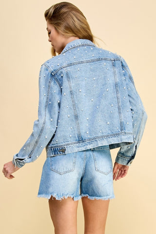 Veveret Button Up Pearl Detail Long Sleeve Denim Jacket Trendsi