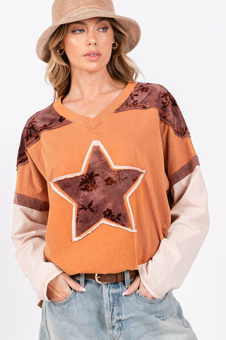 SAGE + FIG Star Patch Long Sleeve Color Block T-Shirt Trendsi