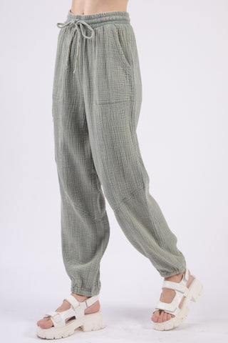 VERY J Washed Woven Crinkle Gauze Drawstring Pants Trendsi