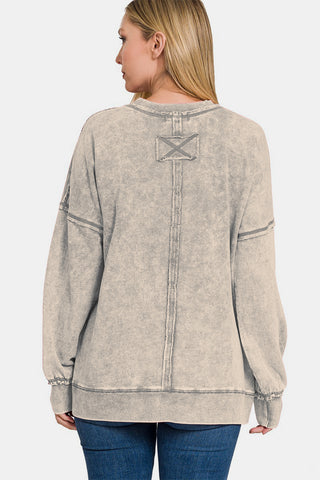 Zenana Exposed Seam Round Neck Dropped Shoulder Sweatshirt Trendsi