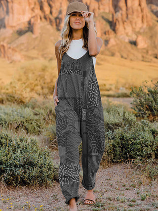 Full Size Printed V-Neck Sleeveless Jumpsuit Trendsi