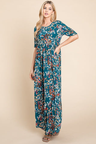 BOMBOM Printed Shirred Maxi Dress Trendsi