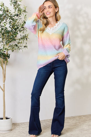 BiBi Rainbow Gradient Crochet Deetail Sweater Trendsi