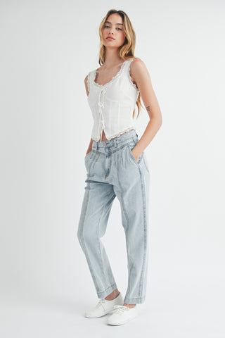 MABLE Pleated Front Detail Straight Jeans Trendsi