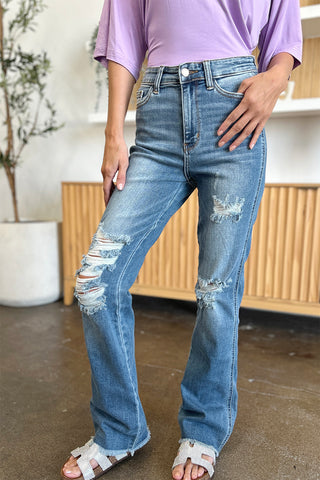 Judy Blue Full Size Distressed Raw Hem Bootcut Jeans Trendsi