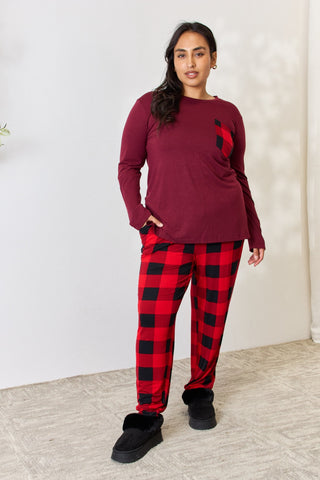 Zenana Full Size Plaid Round Neck Top and Pants Pajama Set Trendsi