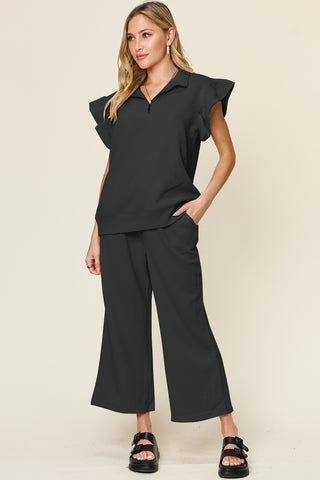 Double Take Texture Ruffle Short Sleeve Top and Drawstring Wide Leg Pants Set Trendsi