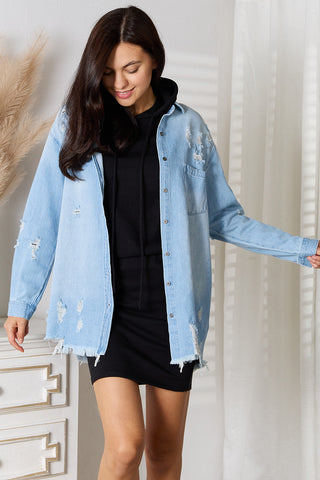 RISEN Full Size Distressed Raw Hem Denim Jacket Trendsi