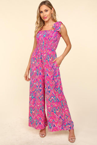 Haptics Printed Smocked Sleeveless Jumpsuit Trendsi