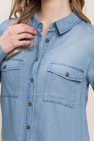 Love Tree Scooped Hem Button Up Denim Shirt Trendsi