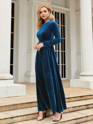 Tie Front Round Neck Long Sleeve Maxi Dress Trendsi