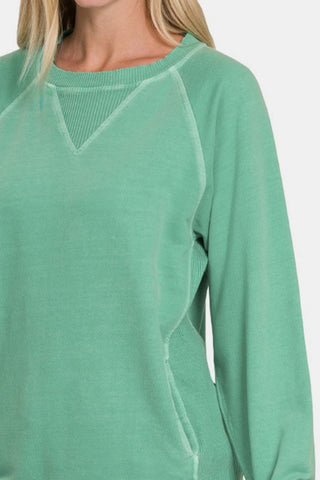 Zenana Pocketed Round Neck Long Sleeve Sweatshirt Trendsi