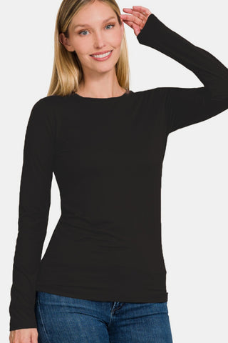 Zenana Ful Size Brushed Microfiber Long Sleeve Round Neck T-Shirt Trendsi