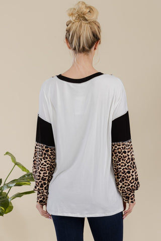 Celeste Full Size Leopard Color Block Exposed Seam T-Shirt Trendsi