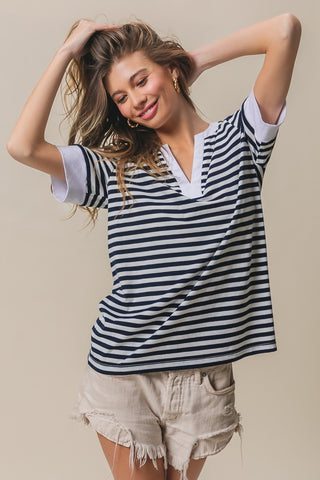 BiBi Contrast Striped Notched Knit Top Trendsi