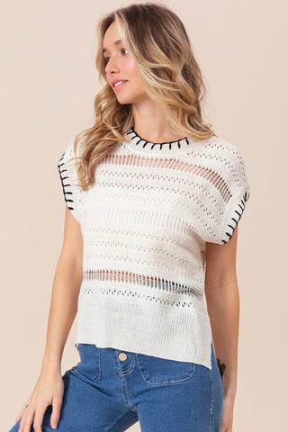 BiBi Stitch Edge Pointelle Side Slit Sweater Vest Trendsi