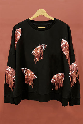 BiBi Sequin Fringe Football Patch Round Neck Sweatshirt Trendsi