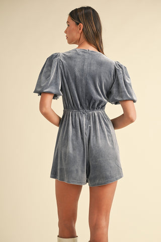 Mable Jewel Bow Decor Puff Sleeve Velvet Romper Trendsi