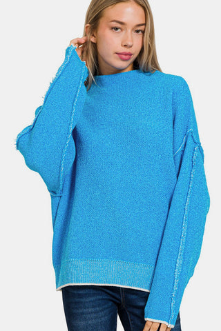 Zenana Exposed Seam Mock Neck Long Sleeve Sweater Trendsi