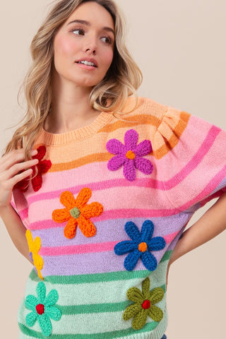 BiBi Flower Patch Puff Sleeve Striped Sweater Trendsi