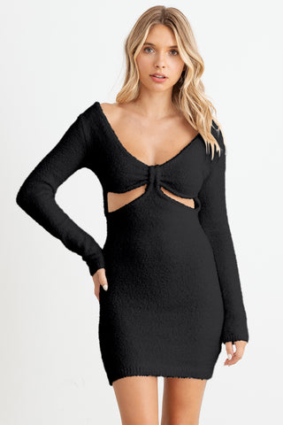 HERA COLLECTION Fluffy Bow Cut-Out Detail Long Sleeve Mini Dress Trendsi